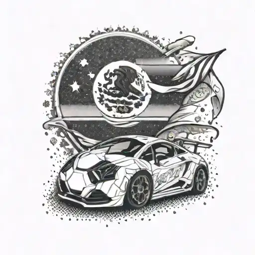 A Dotwork Design Of A Mexican Flag With A Soccer Ball And A Jdm Car Incorporated