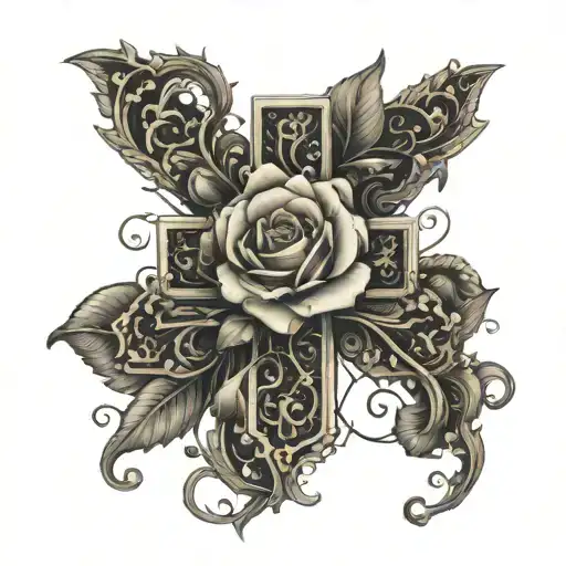 A Cross Made Of Intricate Woodwork With A Delicate Rose Vine Wrapping Around It