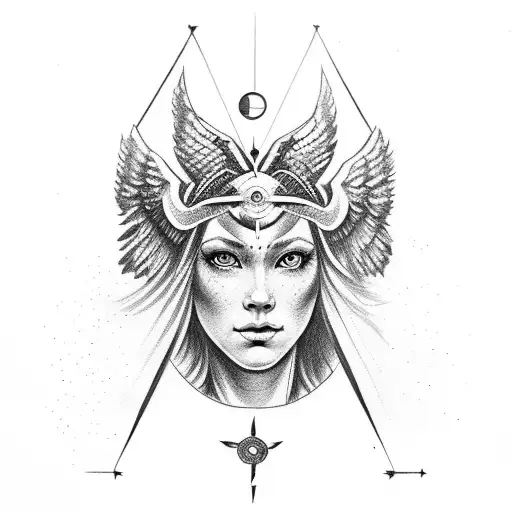 Beautiful Female Valkyrie Head In Front Of A Nordic Compass In Snowy Weather