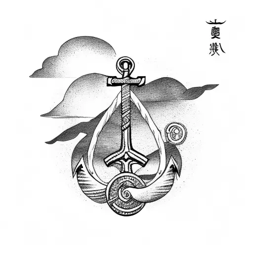 Japanese Wave Sleeve With An Anchor And Compass