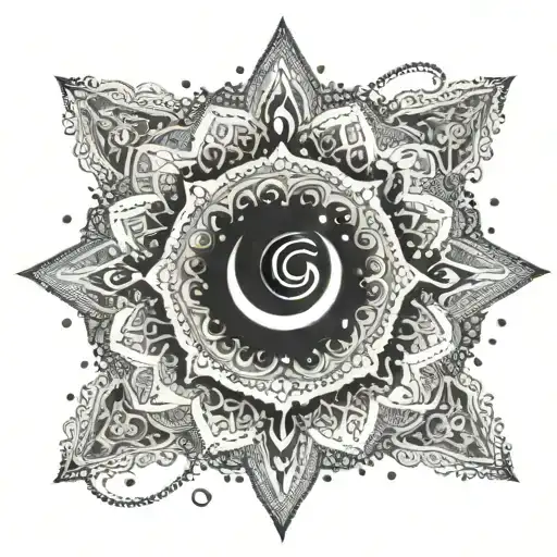 An Intricate Dotwork Mandala With A Crescent Moon As The Centerpiece