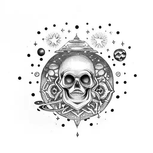 A Dotwork Skull Adorned With Cosmic Elements Like Stars And Planets