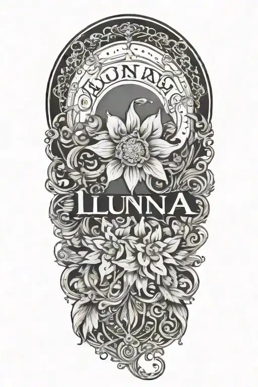 Luna Name Tattoo Design Incorporating Flower Elements