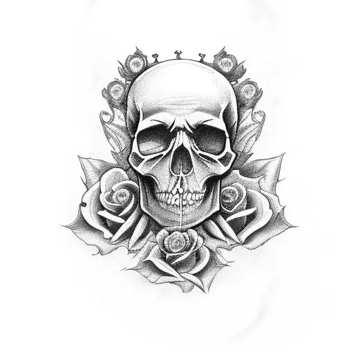 Black And White Skull With Crown And Rose