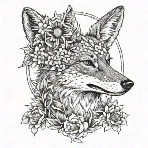 A Coyote Howling At A Full Moon Made Of Eidelweiss Flowers