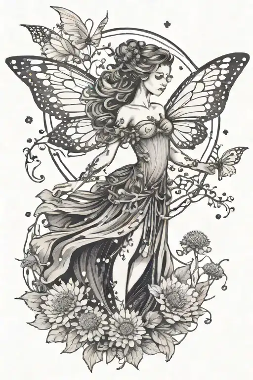 Whimsical Fairy With Wings Standing Near Dandelions