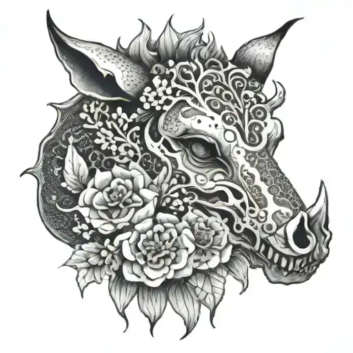Japanese Flowers Boar Skull