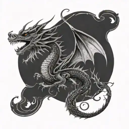 An Intricate Dragon Design Incorporating Elements Of Trabaja In A Dotwork Style