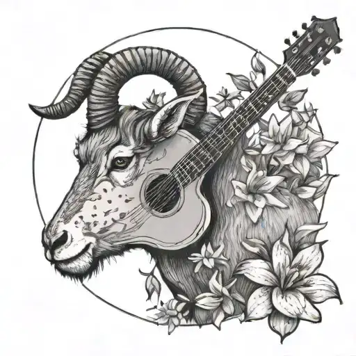 A Dotwork Tattoo Of A Mountain Goat Playing A Guitar In A Field Of Lilies Under A Taurus Moon