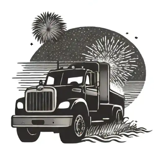 A Truck Driver Silhouette Against A South Carolina Beach Sunset With Fireworks In The Sky