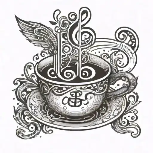 A Coffee Cup With A Treble Clef Handle And Marketing Symbols In The Steam