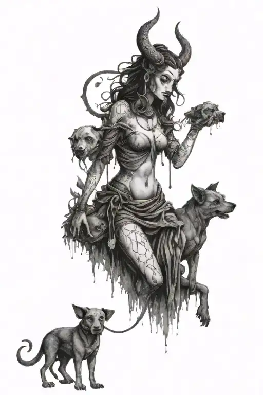 Demon Girl With A Three-headed Dog