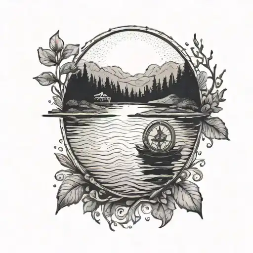 A Dotwork Tattoo Of A Serene Lake Scene With A Police Badge Floating On The Water