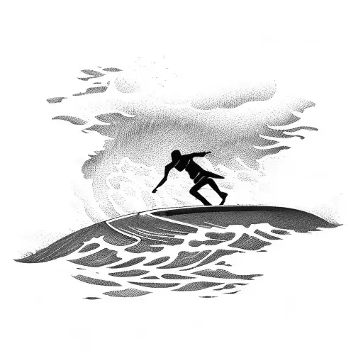 A Silhouette Of A Longboarder Riding A Wave At Sunset