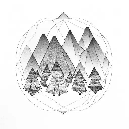 Mountain Scene With Trees Merging Into The Ocean With Geometric Designs