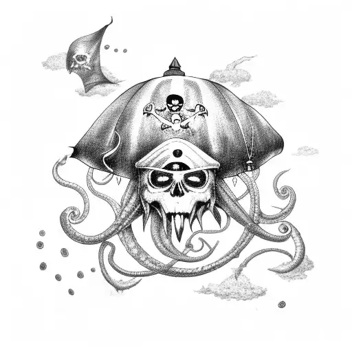 Pirate Ship With Giant Squid And Treasure Chest And Thunderstorm