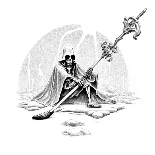 Grim Reaper Sitting On Stone Thinking