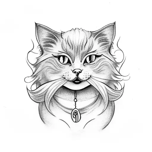 A Handpoke Tattoo Of A Witch With Long Curly Hair Holding A White Cat With Sharp Teeth
