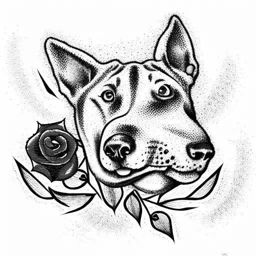 Bull Terrier Grinning In Red Roses With Thorns