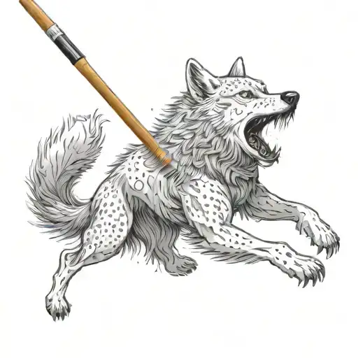 Full Body White Wolf Jumping Holding Paint Brush In His Mouth