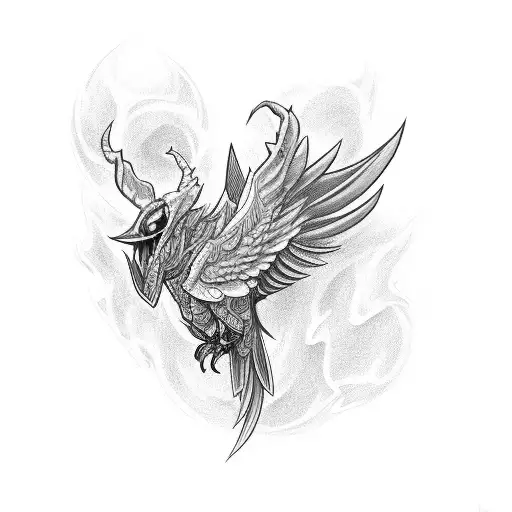 A Detailed Black And Grey Tattoo Of A Bird Transforming Into A Demon Mid-flight