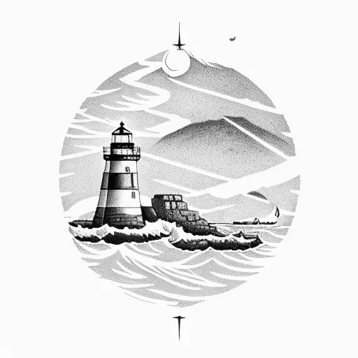 Lighthouse Guiding A Little Boat