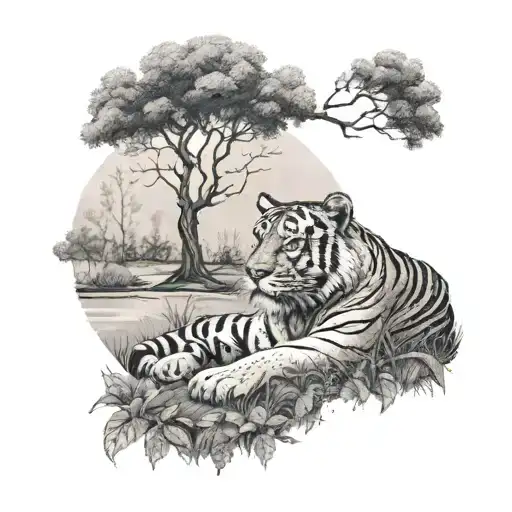 A Peaceful Woodland Landscape With A Majestic Tiger Resting Under A Tree