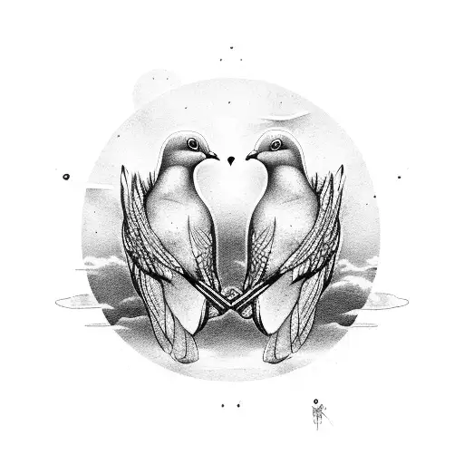 Two Doves On Chest With Sunset Behind