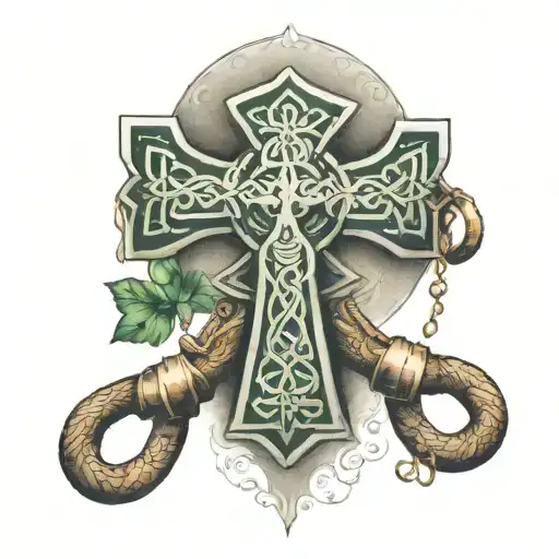 A Celtic Cross With Boxing Gloves Hanging From It And A Leprechaun Peeking Out