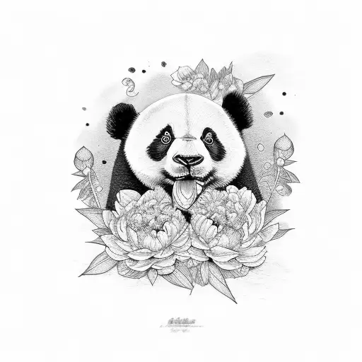 Panda With Peonies And Bambus