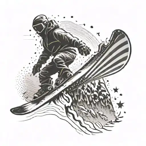 Create A Tattoo Of A Snowboarder Carving Down A Mountain With An American Flag Waving In The Wind