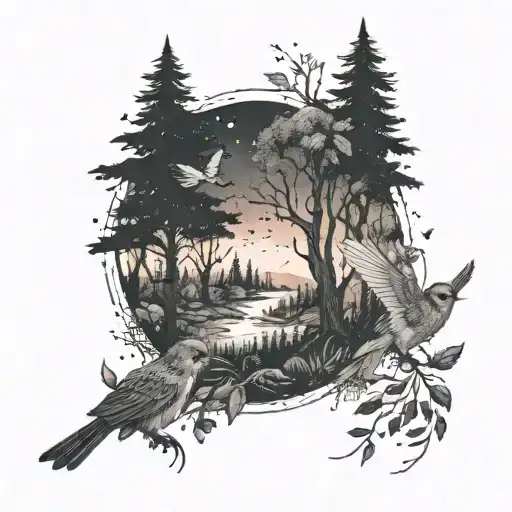 An Anime-inspired Tattoo Featuring A Forest Scene With Birds And Bugs