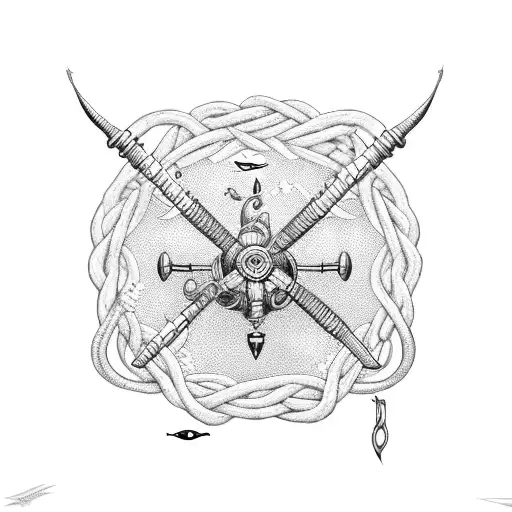 An Intricate Knot Design Incorporating Elements Of Fishing Gear And Nautical Symbols