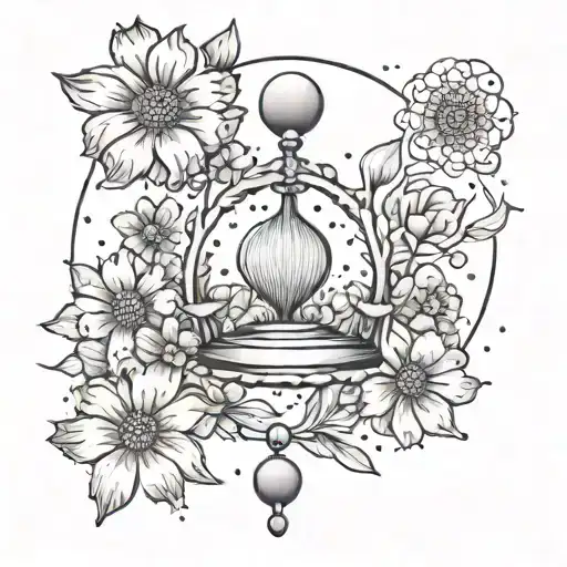 A Whimsical Tattoo Of A Libra Symbol Made Up Of Cosmos And Marigold Flowers