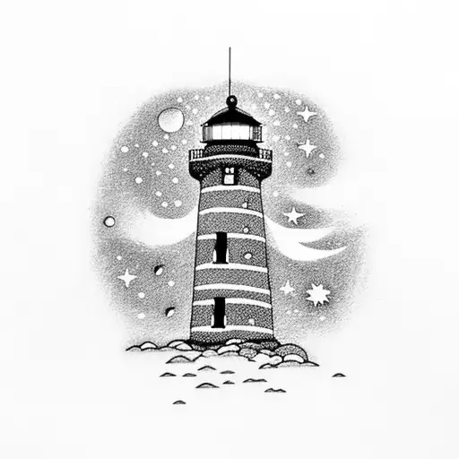 Lighthouse That Illuminates A Boat And The Sky Has Stars