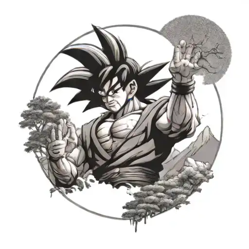 A Tattoo Design Featuring Goku From Dragon Ball Z In A Turkish Landscape