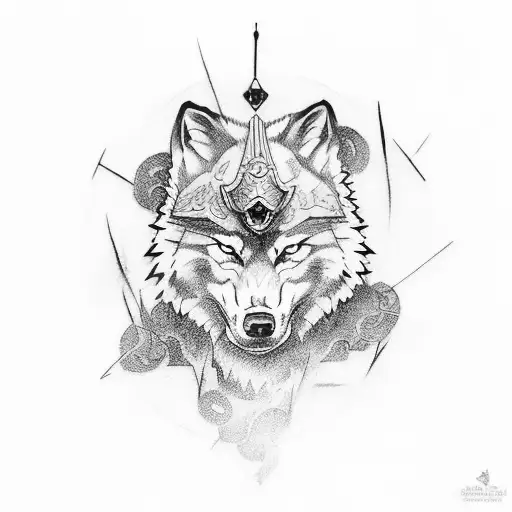 Samurai Stand With Wolf And Blue Flare