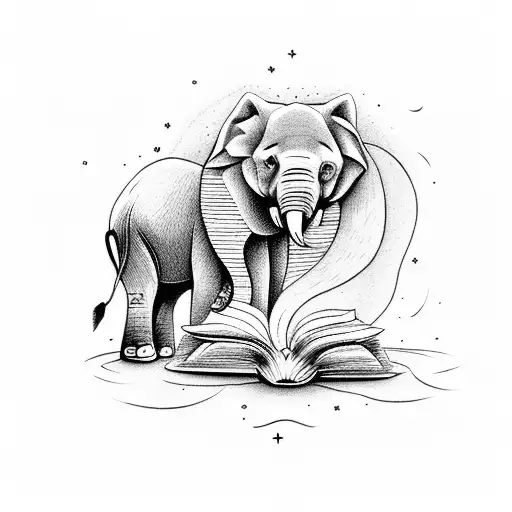 An Elephant Reading A Book With A Wolf Howling At The Moon