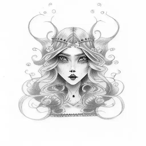 A Handpoke Tattoo Of A Female Witch With Long Curly Hair With High Heith In Long Black Dress