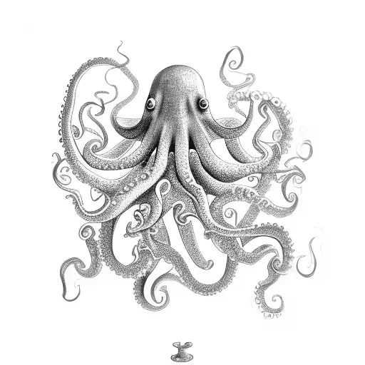 A Dotwork Design Of A Curious Octopus With Its Tentacles Gracefully Swirling Around A Shipwreck