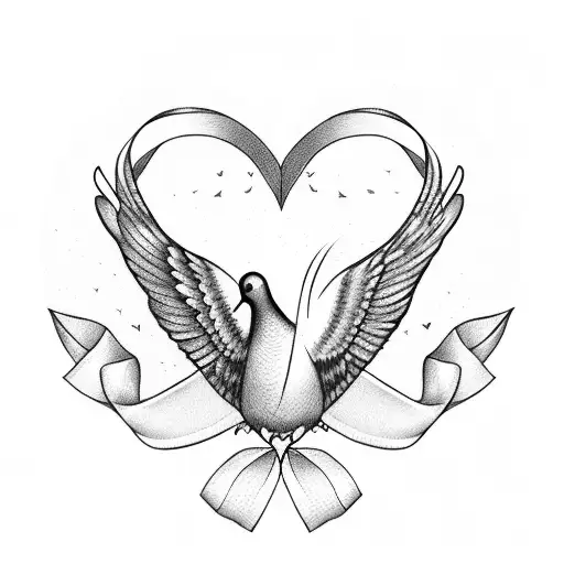 Heart With A Dove Bird And Two Ribbons