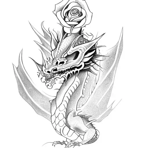 Dragon With Rose And Skull