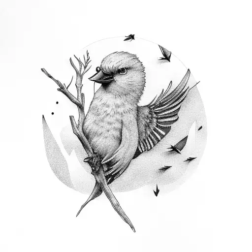 1 Big Bird And 4 Small Birds On A Branch And 1 Big Bird Flying