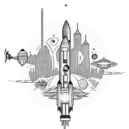 A Dotwork Tattoo Of A Space City Skyline With Fishing A Rocket Reaching Towards The Stars