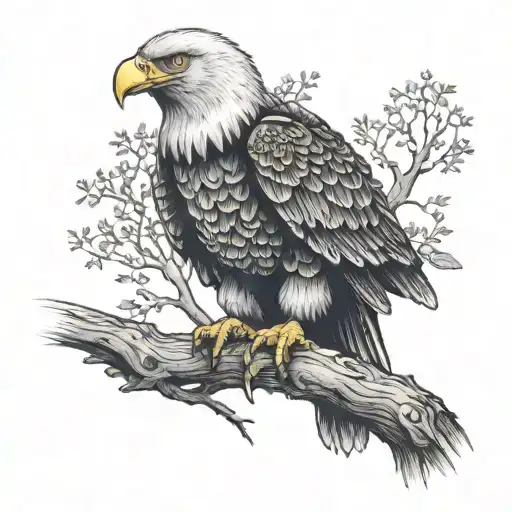 An Eagle With A Firefighter's Helmet Perched On A Tree Branch In A Dotwork Style