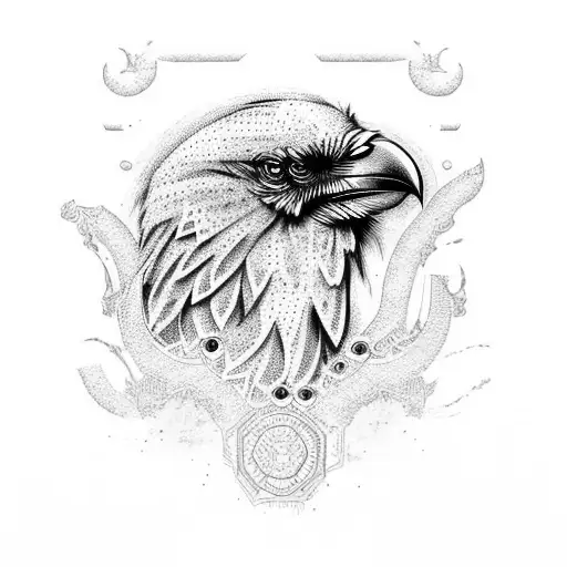 Create A Dotwork Design Of A Raven Surrounded By Mysterious Runic Patterns