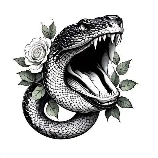 Snake With Open Mouth With Roses Growing Together