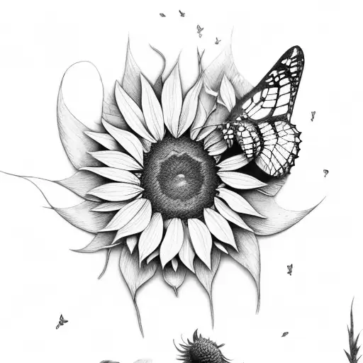 Butterfly And Sunflower And Feather