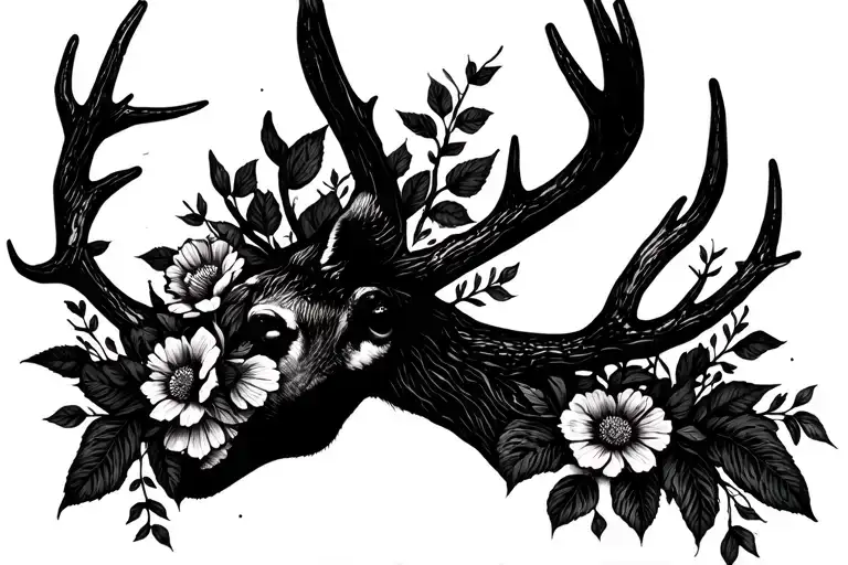 Deer Antlers In Vines Spine Tattoo With Flowers