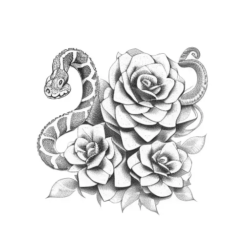 A Snake Coiled Around A Bouquet Of Black Flowers
